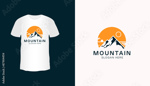 T-shirt design with mountains and sun. Vector logo template. t-shart-mockup