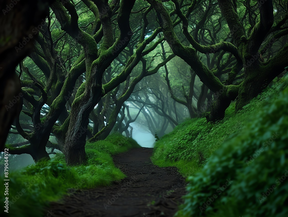 Naklejka premium Spooky haunted forest with twisted trees, Halloween, eerie environment