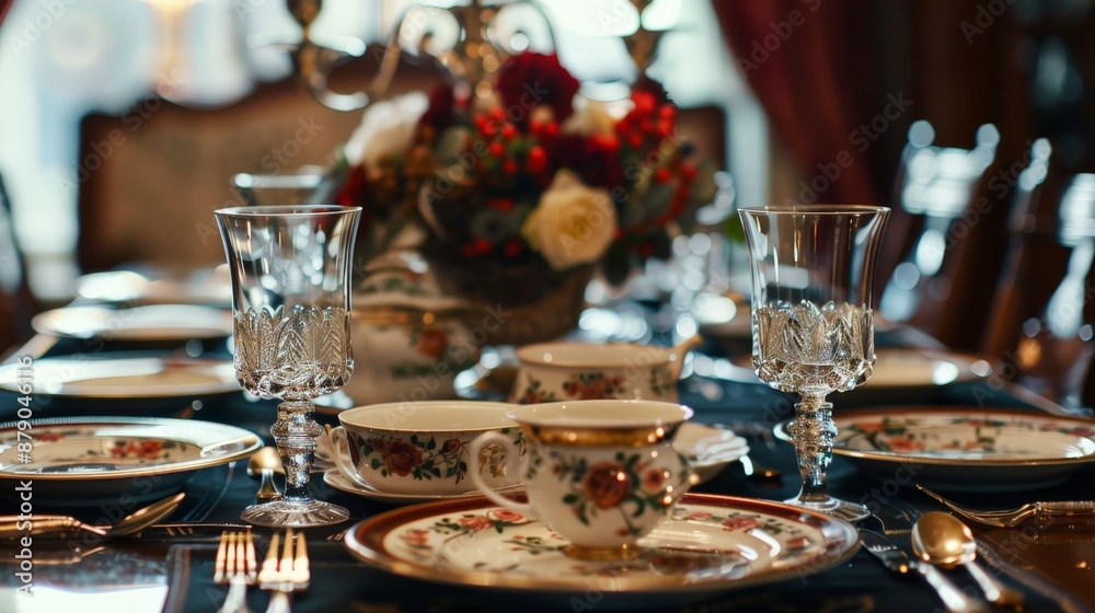 An elegant dining table set for a formal dinner party, with fine china, crystal glasses, and an ornate centerpiece, ready for an evening of sophistication. An elegant dining table set for a formal dinner party, with fine china, crystal glasses, and an ornate centerpiece, ready for an evening of sophistication.