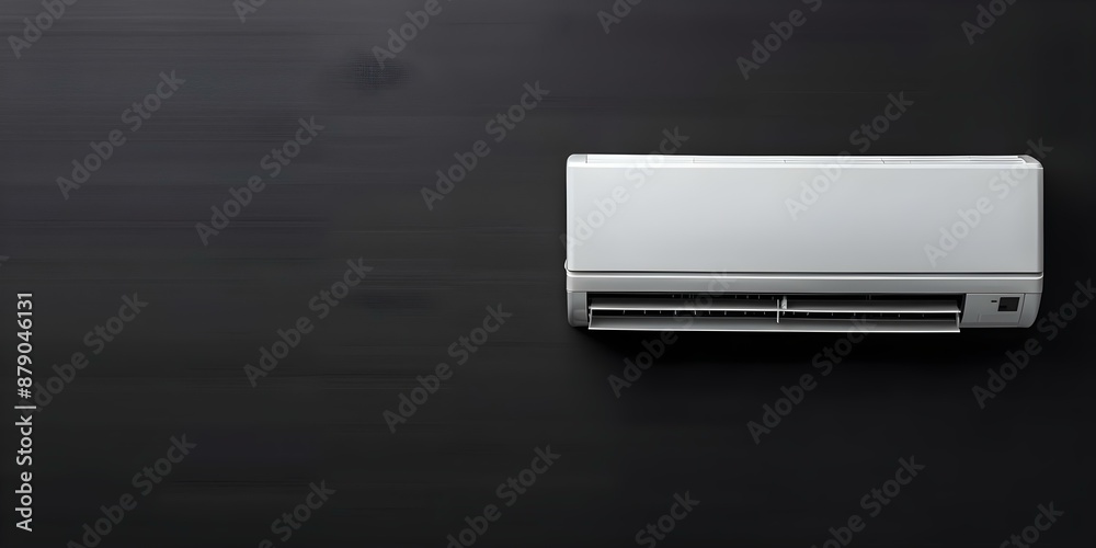 Air conditioning unit mounted on a dark wall for display. Concept Home Appliances, Interior Design, Cooling Systems, Wall Decor, Home Maintenance Air conditioning unit mounted on a dark wall for display. Concept Home Appliances, Interior Design, Cooling Systems, Wall Decor, Home Maintenance