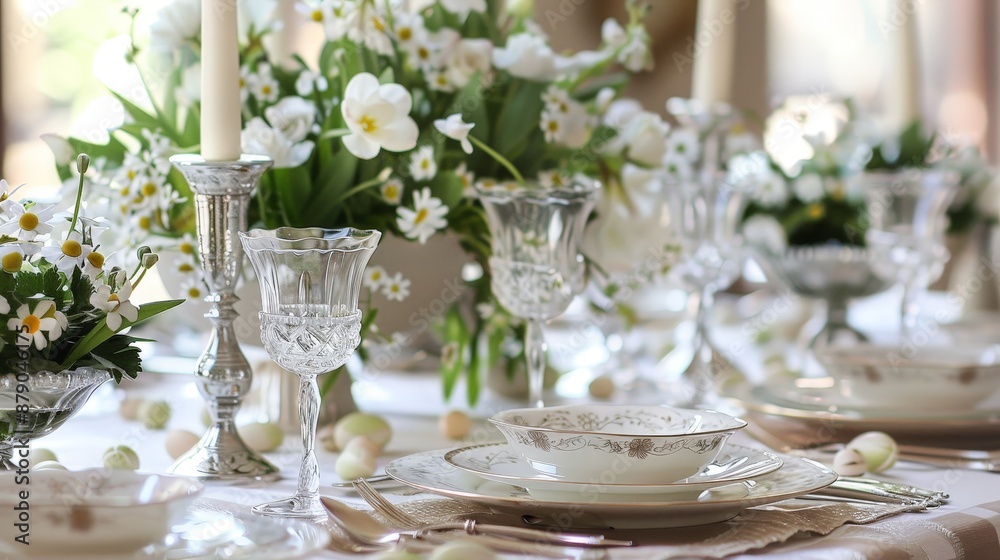 An elegant Easter dinner table setting with fine china, crystal glasses, and a beautiful centerpiece. An elegant Easter dinner table setting with fine china, crystal glasses, and a beautiful centerpiece.