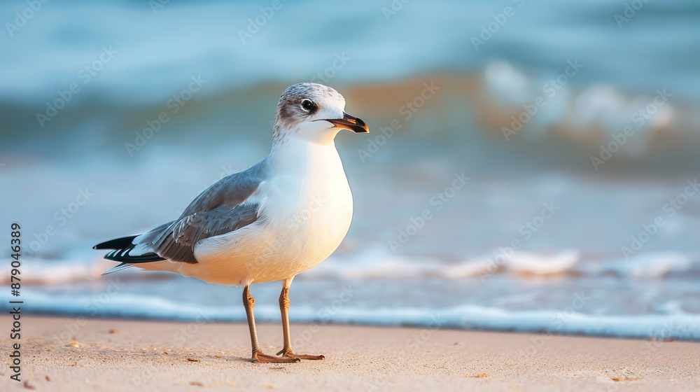 A seagull stands on the sandy shoreline with gentle waves in the background, depicting a tranquil beach scene. A seagull stands on the sandy shoreline with gentle waves in the background, depicting a tranquil beach scene.