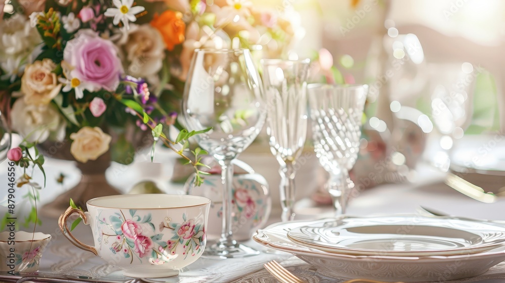 An elegant Easter dinner table setting with fine china, crystal glasses, and a beautiful centerpiece. An elegant Easter dinner table setting with fine china, crystal glasses, and a beautiful centerpiece.