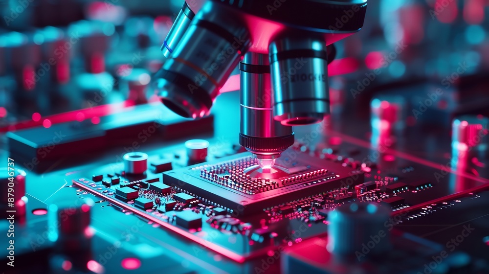 Microscope Inspecting Microchip on Circuit Board Microscope Inspecting Microchip on Circuit Board