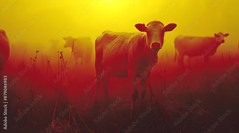Cow in Foggy Field, Red and Yellow Color, Photo Cow in Foggy Field, Red and Yellow Color, Photo