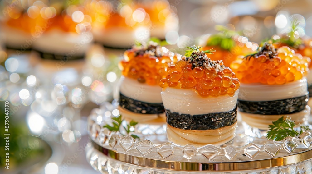 A luxury hors d'oeuvre display featuring caviar-topped blinis and rare truffle shavings, presented on elegant crystal platters, set in a grand banquet hall A luxury hors d'oeuvre display featuring caviar-topped blinis and rare truffle shavings, presented on elegant crystal platters, set in a grand banquet hall