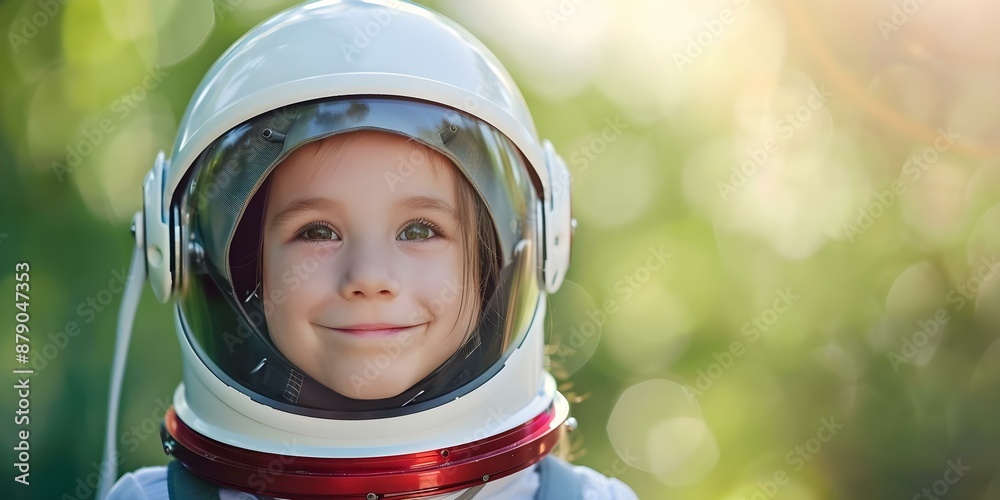 A child wearing an astronaut helmet outdoors with a dreamy expression. Concept Outdoor Photoshoot, Child Portrait, Astronaut Helmet, Dreamy Expression, Childhood Dreams A child wearing an astronaut helmet outdoors with a dreamy expression. Concept Outdoor Photoshoot, Child Portrait, Astronaut Helmet, Dreamy Expression, Childhood Dreams