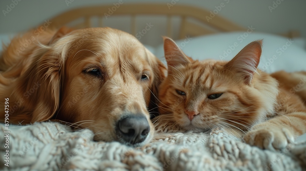A serene golden retriever and a ginger cat resting together on a couch symbolize companionship and peace. A serene golden retriever and a ginger cat resting together on a couch symbolize companionship and peace.