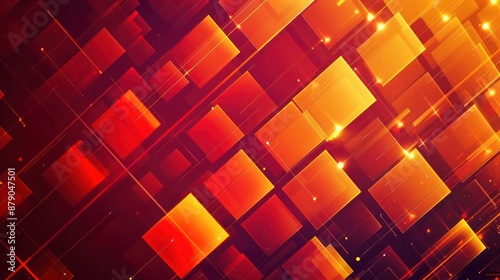 A sophisticated abstract background featuring a grid of geometric patterns with gradient transitions, where squares and rectangles fade from deep red to fiery orange to golden yellow