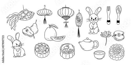 Mid autumn festival things doodle set. Monochrome vector contour stickers with moon cakes, fruits and and Chinees lanterns isolated oh white background. Sketchy drawing for Asian holiday.