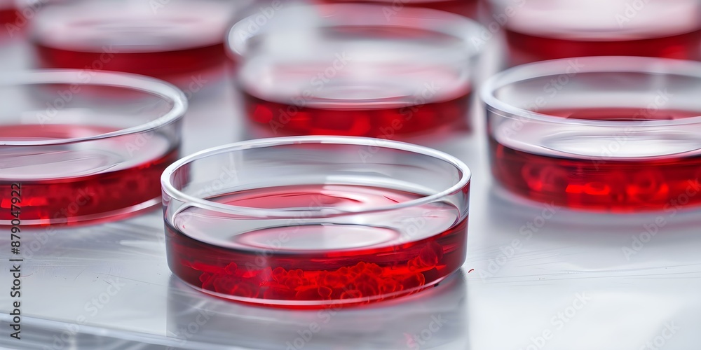 Observing red vascular cells in a petri dish on a laboratory bench. Concept Microscopy, Biology, Laboratory Research, Vascular Cells, Petri Dish Observing red vascular cells in a petri dish on a laboratory bench. Concept Microscopy, Biology, Laboratory Research, Vascular Cells, Petri Dish