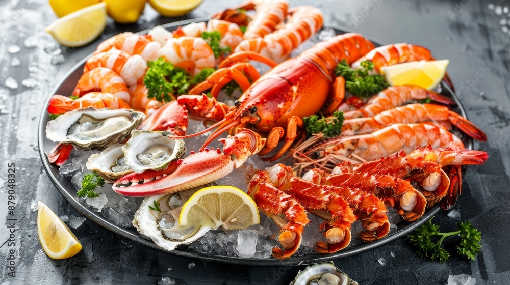 A seafood feast platter with lobster tails, shrimp, oysters, and crab legs, garnished with lemon wedges and fresh herbs, displayed on crushed ice A seafood feast platter with lobster tails, shrimp, oysters, and crab legs, garnished with lemon wedges and fresh herbs, displayed on crushed ice