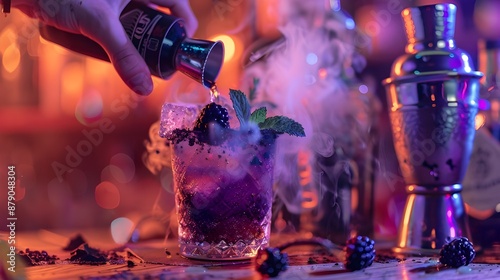 a close up shot of the hand of an bartender pouring blue cur Nxo whiskey into silver julep cup, garnished with blackberry photo