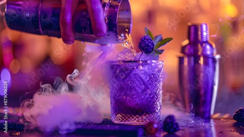 a close up shot of the hand of an bartender pouring blue cur Nxo whiskey into silver julep cup, garnished with blackberry photo