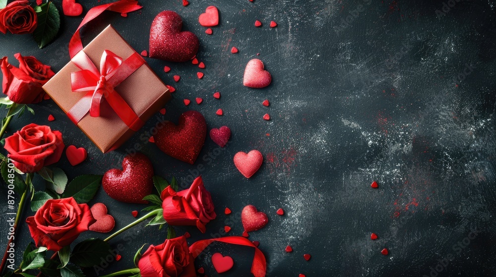 Valentine s Day gift box with red hearts roses and space for text Valentine s Day gift box with red hearts roses and space for text