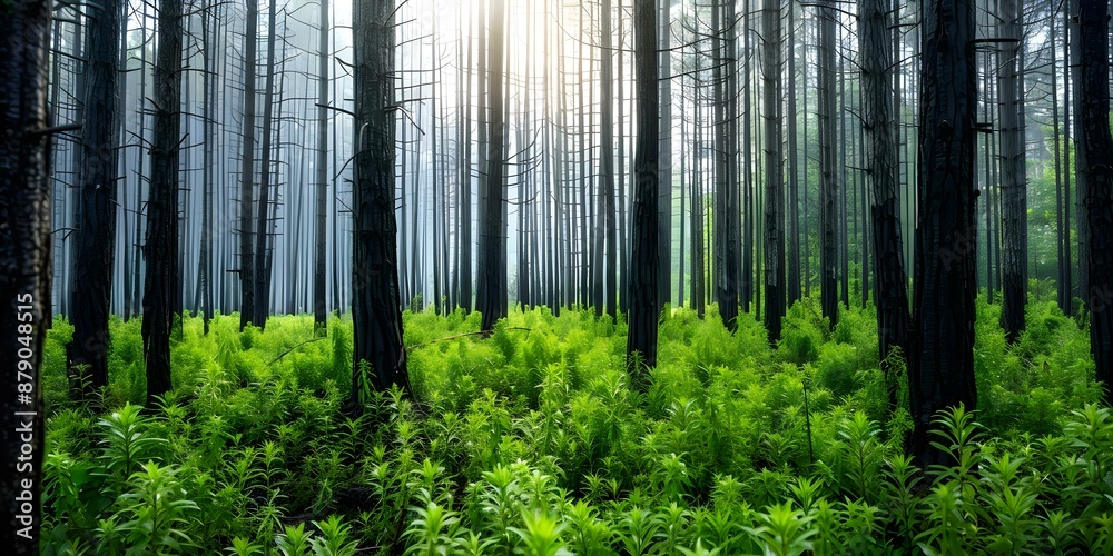 Recovery of a Lush Forest After Fire Caused by Human Error. Concept Forest Recovery, Human Error, Fire Damage, Environmental Restoration, Ecosystem Rehabilitation Recovery of a Lush Forest After Fire Caused by Human Error. Concept Forest Recovery, Human Error, Fire Damage, Environmental Restoration, Ecosystem Rehabilitation