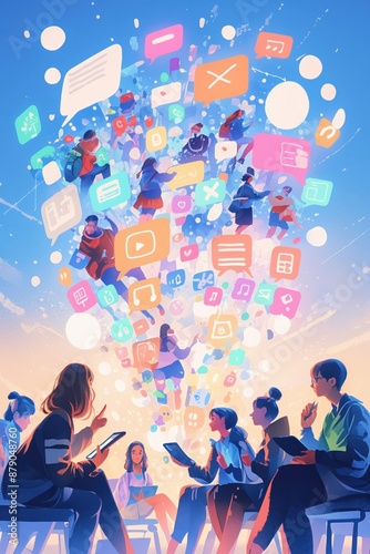 Diverse Group of People Engaging with Digital Devices and Social Media Icons in a Vibrant and Modern Setting