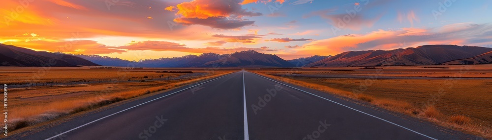 Open road leading to distant mountains under a vibrant sunset sky, showcasing a breathtaking and serene landscape. Open road leading to distant mountains under a vibrant sunset sky, showcasing a breathtaking and serene landscape.