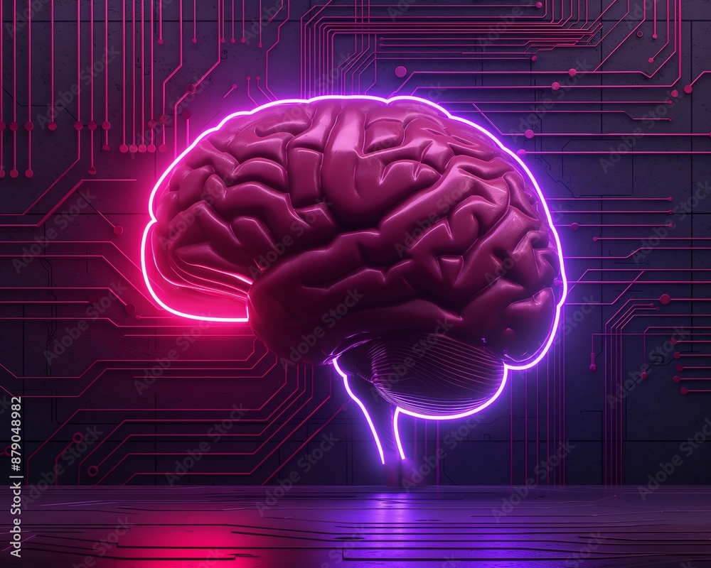 Futuristic glowing brain with neon lights against a digital background representing AI, technology, and neural networks. Futuristic glowing brain with neon lights against a digital background representing AI, technology, and neural networks.
