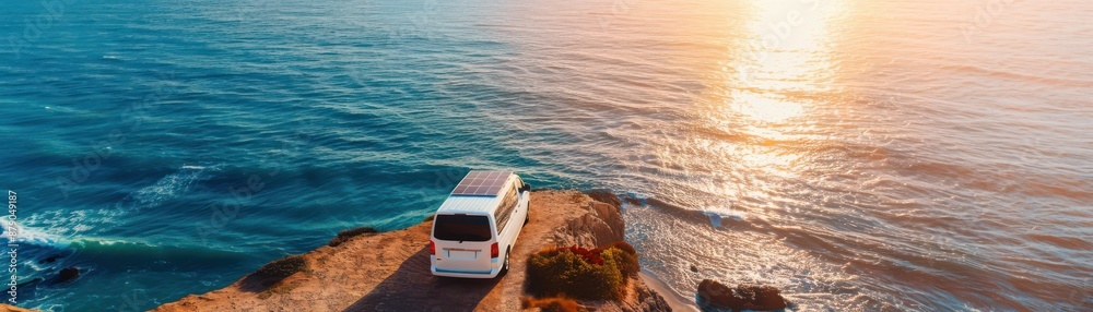 Scenic coastal van life adventure at sunset. Van parked on cliff overlooking ocean, reflecting golden hour light. Wanderlust and freedom vibes. Scenic coastal van life adventure at sunset. Van parked on cliff overlooking ocean, reflecting golden hour light. Wanderlust and freedom vibes.