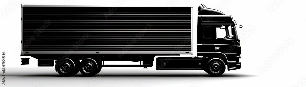 Sleek black cargo truck on white background, side view. Ideal for logistics, transportation, and shipping concepts. Professional stock photo.