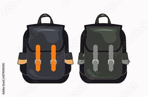 School bag, travel backpack. Two travel bags for children. Briefcase for textbooks, office supplies. Isolated element for composing poster, banner, advertising. Back to school. Vector illustration.