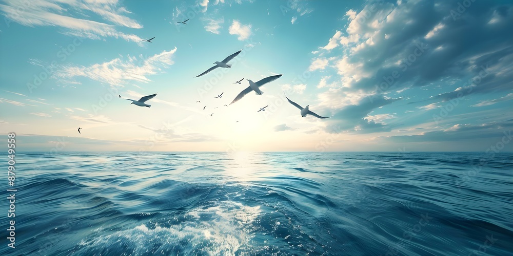 Obraz premium Birds Soaring Over the Ocean Perfect for Travel Brochures or Conservation Designs. Concept Nature Photography, Wildlife Conservation, Travel Destinations, Ocean Scenery
