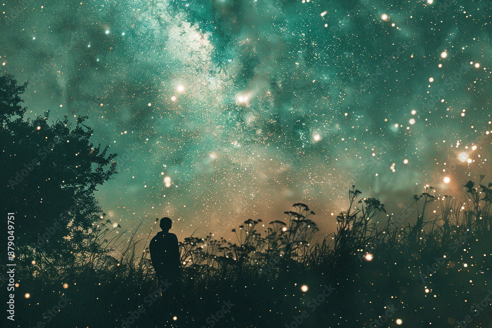 Naklejka premium A person is standing in a field of grass, looking up at the stars