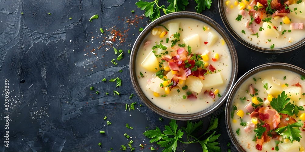 Hearty Chowder Recipe with Potatoes, Ham, Bacon, Sweetcorn, Parsley, and Pepper served in Bowls. Concept Chowder Recipe, Potatoes, Ham, Bacon, Sweetcorn, Parsley, Pepper, Bowl Presentation Hearty Chowder Recipe with Potatoes, Ham, Bacon, Sweetcorn, Parsley, and Pepper served in Bowls. Concept Chowder Recipe, Potatoes, Ham, Bacon, Sweetcorn, Parsley, Pepper, Bowl Presentation