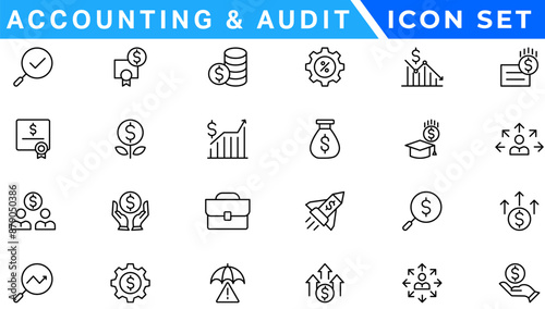 Accounting and audit icon set. Taxes and accounting line icons collection. Check and audit line icons collection. Containing financial statement, accountant, financial audit. Vector illustration