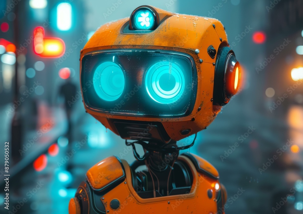 A close-up of a robot's head with glowing blue eyes. AI. A close-up of a robot's head with glowing blue eyes. AI.