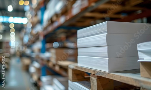 Close-up of a stack of white paper reams in a warehouse. AI.