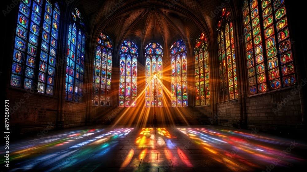 A large cathedral with many stained glass windows. The sun is shining through the windows, creating a colorful and peaceful atmosphere