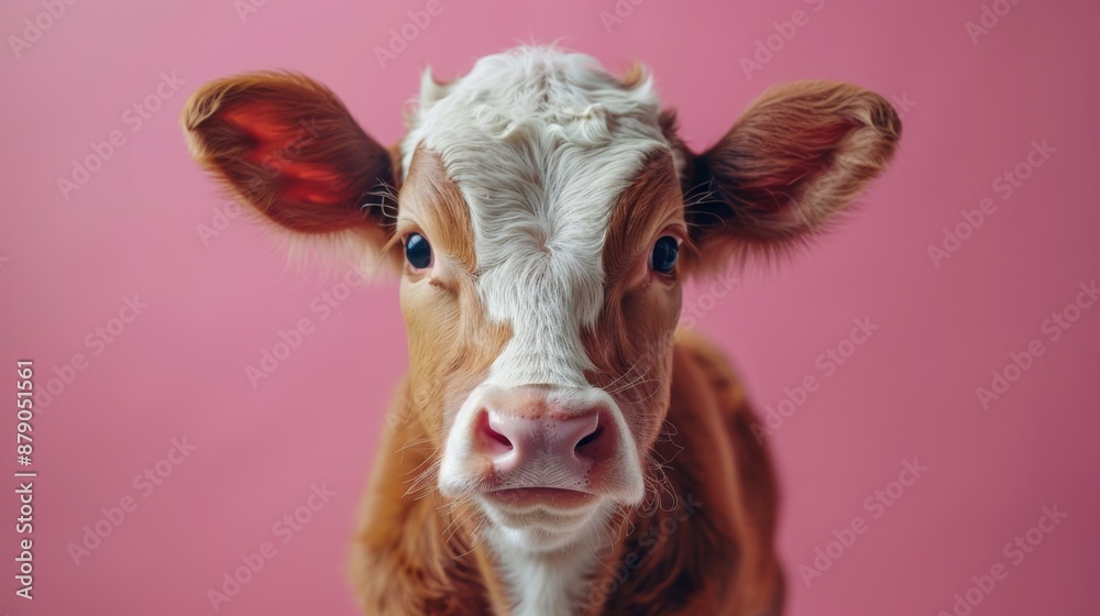 A close up of a brown and white cow with pink background. AI. A close up of a brown and white cow with pink background. AI.
