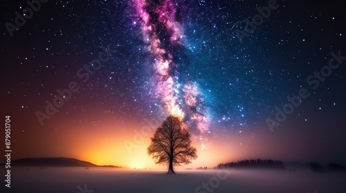 A tree stands in a field of snow and stars. The sky is filled with stars and the colors of the sky are orange and purple