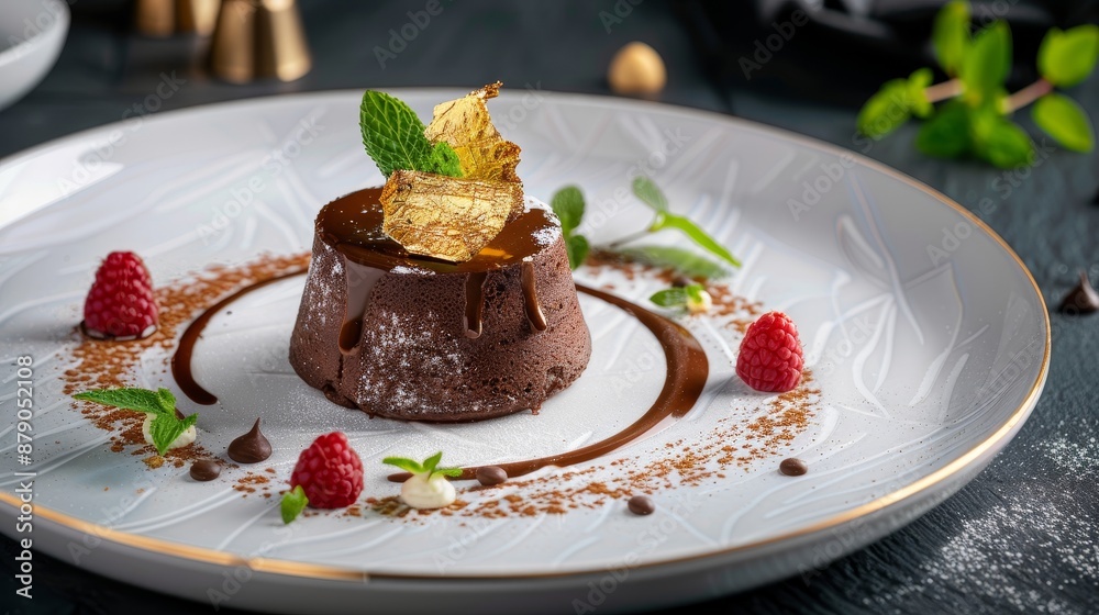 High-end dessert, a delicate chocolate souffle with gold leaf garnish, served on an elegant plate with a sophisticated backdrop High-end dessert, a delicate chocolate souffle with gold leaf garnish, served on an elegant plate with a sophisticated backdrop