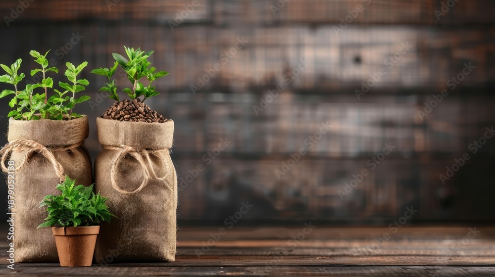 Two potted plants sit on a wooden table, each in a burlap bag. The plants are small and green, and the bags are brown. The scene is simple and peaceful, with the plants Two potted plants sit on a wooden table, each in a burlap bag. The plants are small and green, and the bags are brown. The scene is simple and peaceful, with the plants