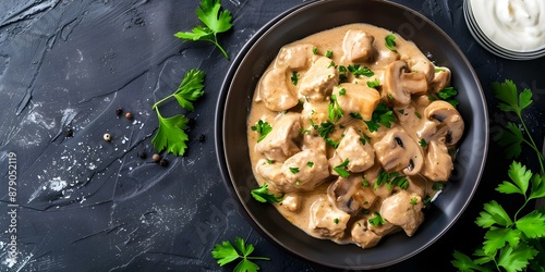 Plant-Based Dinner Recipe Creamy Vegan Mushroom Stroganoff with Cashew Cream Sauce. Concept Mushroom Stroganoff Recipe, Vegan Dinners, Cashew Cream Sauce, Plant-Based Meals, Dairy-Free Options, photo