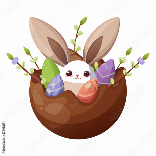 A cute Easter Bunny sits in a chocolate egg. Willow branches, colorful chicken eggs. Vector , (5)