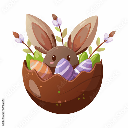 A cute Easter Bunny sits in a chocolate egg. Willow branches, colorful chicken eggs. Vector , (17)