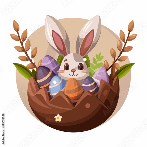 A cute Easter Bunny sits in a chocolate egg. Willow branches, colorful chicken eggs. Vector , (20)