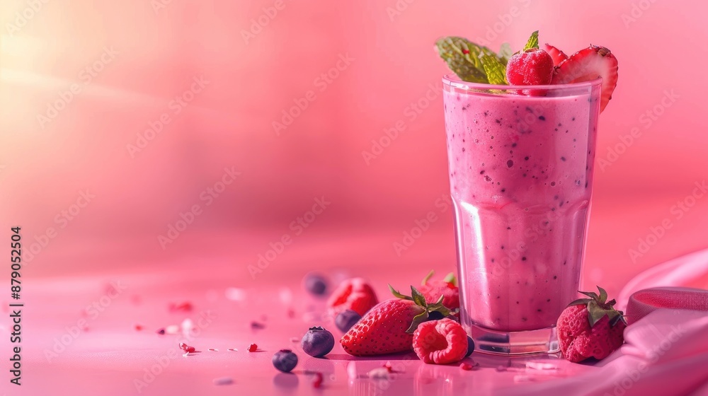 Neon pink background with a glass of mixed berry smoothie Made of fresh milk and fruit a healthy organic drink in a creamy red hue Neon pink background with a glass of mixed berry smoothie Made of fresh milk and fruit a healthy organic drink in a creamy red hue