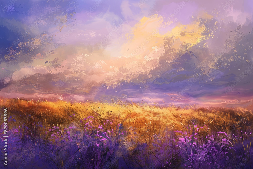A painting of a field with a bright blue sky and a few clouds A painting of a field with a bright blue sky and a few clouds
