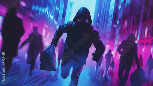 Masked Businessman Developer Fleeing with Cryptocurrency Bags, Digital Art Illustration on Cybersecurity Concept, Dark Pink Purple Blue Gradient Background photo