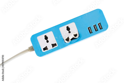 Damaged power plug strip isolated on white background.