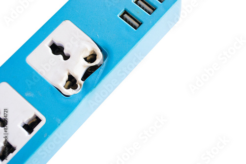 Damaged power plug strip isolated on white background.