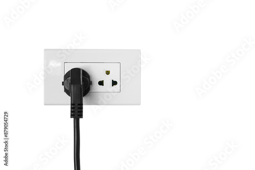 The black power plug connects the outlet isolated on white background.