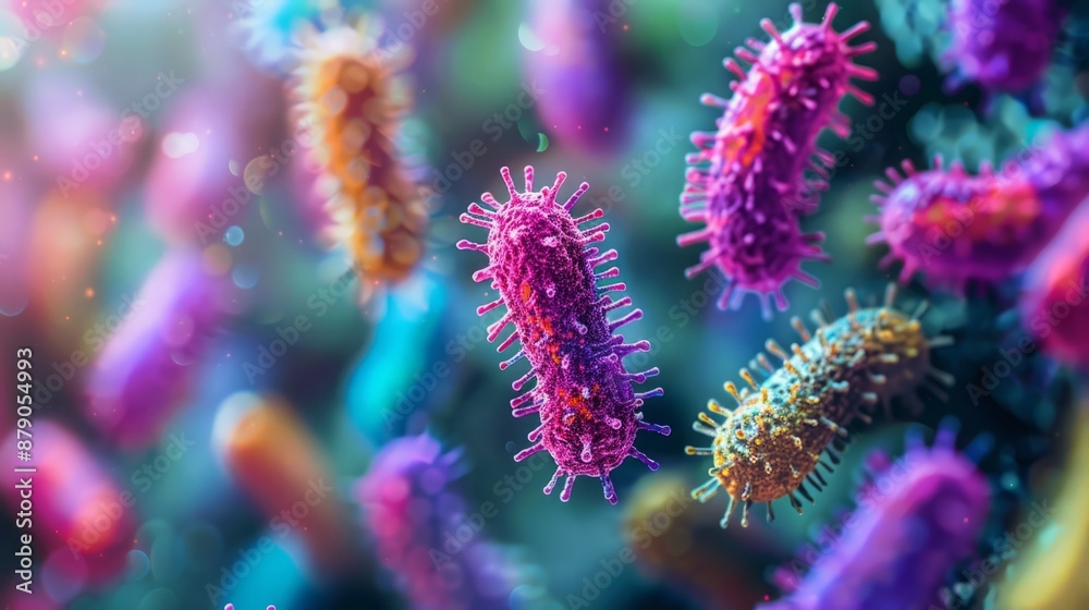 An illustration of microscopic bacteria, highlighting the diverse shapes and structures of these single-celled organisms. An illustration of microscopic bacteria, highlighting the diverse shapes and structures of these single-celled organisms.