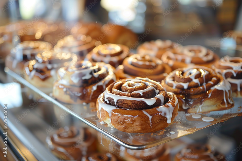 A tray of cinnamon rolls with icing on top A tray of cinnamon rolls with icing on top