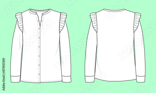 ladies nightwear long sleeve button down white shirt fashion illustration flat sketch vector.